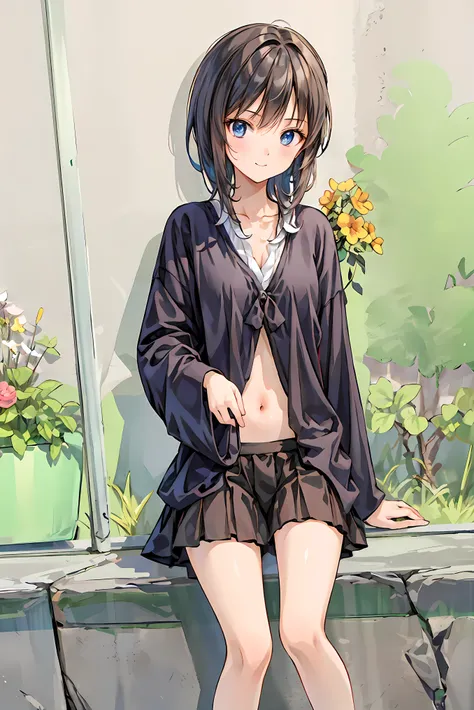 ( masterpiece), Highest Quality,  cute girl leaning on a wall,  embarrassing, , Intimate moments,  cute,   cropped shirt,  look down,  high angle, close, BREAK  she says   embarrassing,  she says  ,  Forest Setting ,  cute imgae， hair， shortcuts ， 乱れたhair，...