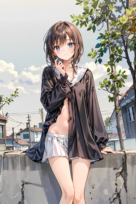 ( masterpiece), Highest Quality,  cute girl leaning on a wall,  embarrassing, , Intimate moments,  cute,   cropped shirt,  look down,  high angle, close, BREAK  she says   embarrassing,  she says  ,  Forest Setting ,  cute imgae， hair， shortcuts ， 乱れたhair，...