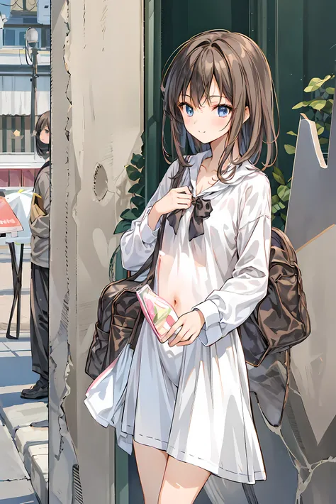 ( masterpiece), Highest Quality,  cute girl leaning on a wall,  embarrassing, , Intimate moments,  cute,   cropped shirt,  look down,  high angle, close, BREAK  she says   embarrassing,  she says  ,  Forest Setting ,  cute imgae， hair， shortcuts ， 乱れたhair，...