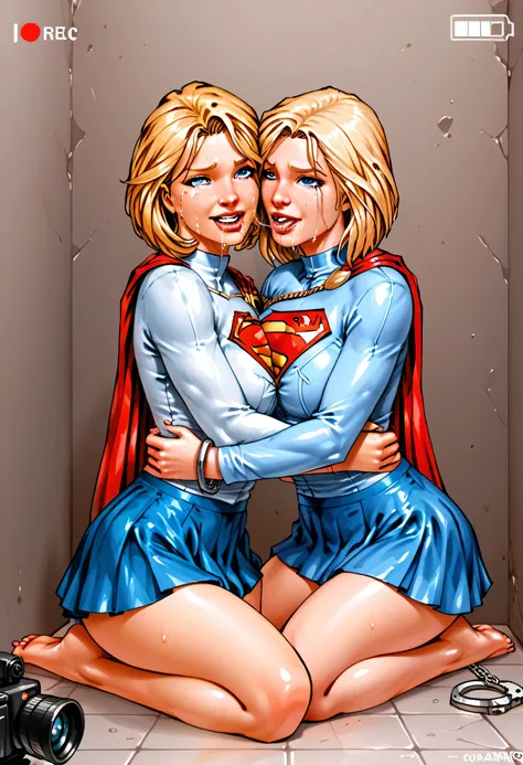 obra-prima, best quality, 2 meninas, Two plus-size women in Supergirl and Powergirl uniforms, in a dirty men's bathroom,  cameras filming. beijo, hug, (On the wall ), (suor:1.2), par, (corar), (trace of saliva), big ass, De lado, unbuttoned blouse, skirt r...