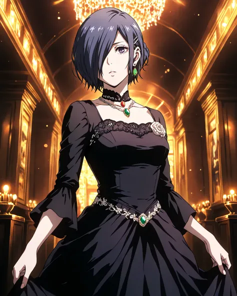 highly detailed, ultra-detailed, finely crafted features, soft lighting, (( kirishima Touka)), anime girl with ((short dark blue-purple hair covering the left eye )), inspired by Tokyo Ghoul style, elegant face, smooth complexion, deep blue-purple eye, wea...