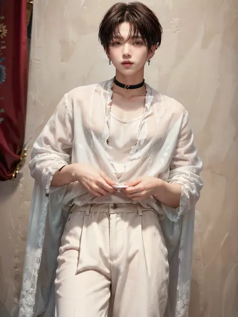 (4K)) (( very high quality )) (( white background)) ((trousers)) Азиатский парень Standing straight — участник K-pop группы, young member of the group. He has soft facial features., with expressiveness, with dark Asian eyes ,. his fair , , which emphasiz...