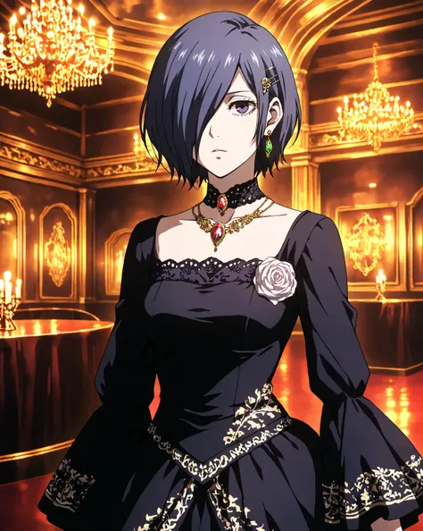 highly detailed, ultra-detailed, finely crafted features, soft lighting, (( kirishima Touka)), anime girl with ((short dark blue-purple hair covering the left eye )), inspired by Tokyo Ghoul style, elegant face, smooth complexion, deep blue-purple eye, wea...