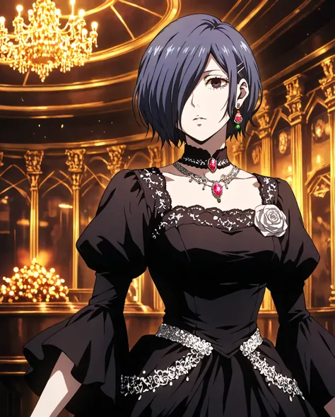 highly detailed, ultra-detailed, finely crafted features, soft lighting, (( kirishima Touka)), anime girl with ((short dark blue-purple hair covering the left eye )), inspired by Tokyo Ghoul style, elegant face, smooth complexion, deep red eye, wearing an ...
