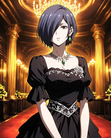 highly detailed, ultra-detailed, finely crafted features, soft lighting, (( kirishima Touka)), anime girl with ((short dark blue-purple hair covering the left eye )), inspired by Tokyo Ghoul style, elegant face, smooth complexion, deep red eye, wearing an ...
