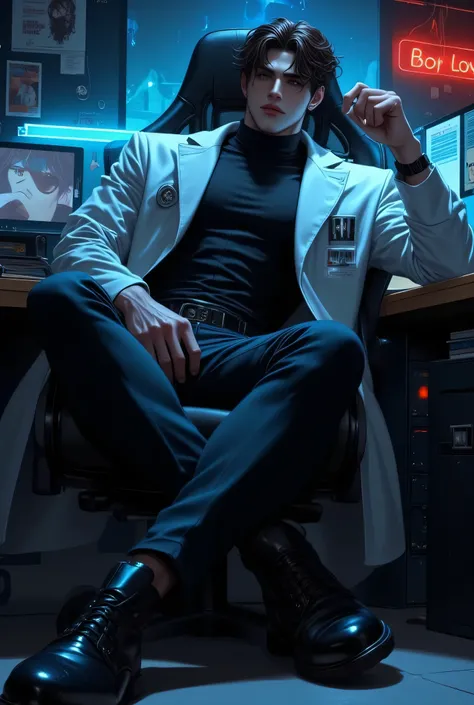Style: Semi-realistic manhwa with dark, moody tones—watercolor textures, gritty grain, and cinematic shadows to enhance the dramatic atmosphere.

Subject: Dr. Julian Cross—a devastatingly handsome, lean-but-toned scientist in his early 30s, sitting in a ga...