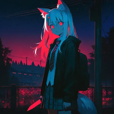 1girl, backpack, bag, black bag, black hoodie, black jacket, white hair,  building, closed mouth, collared shirt, cowboy shot, diagonal-striped clothes, dress shirt, fence,  grey skirt, hood, hood down, hooded jacket, hoodie, illyasviel von einzbern \(fate...