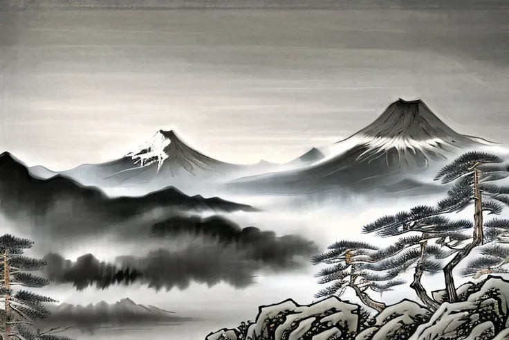 while maintaining the overall aesthetics of traditional Japanese artistic traditions, The timeless quality of this depiction、Gently flowing down the slope. lightly overlaps the work, 。On both sides、The delicate ink painting captures an iconic silhouette。, ...