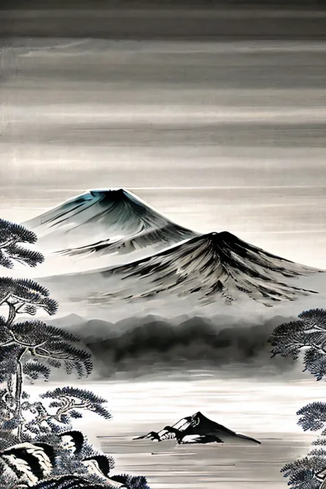 Black and white photo of a mountain with trees and water, mount Fuji on the background, mountain Fuji on the background, mount Fuji background, mount Fuji, detailed Ink painting illustration, detailed Ink painting illustration, Sumi style, meters. Fuji, In...
