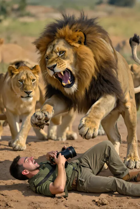Photo of a moment before death with a moment from a jump of a huge lion with a powerful mane falling on a lying photographer who is holding a camera with a long lens just in front of the lion's open mouth, the lion has spread paws with claws, it inspires t...