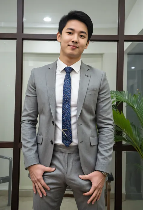 Young Asian guy wearing a handsome gray suit at the office, doing a tongue-in-cheek pose, showing a big bulge under the crotch of his pants, slanting up to the left, showing very big bulge in pant, photorealistic skin texture, Natural Realistic Full Body 