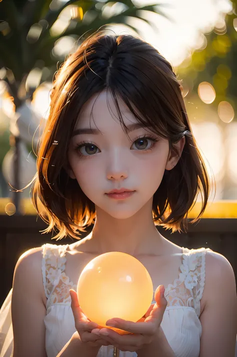 A mesmerizing close-up portrait of a gorgeous little bird illuminated by the soft, golden light of a tranquil morning, with vibrant bokeh balls gently framing its delicate form.