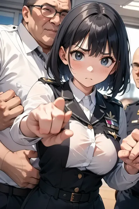 (  manga  、anime)、Woman punches a molester、Molester of an ugly man、on the train、policewoman、policewomanの帽子、Take a picture with your smartphone、punches a man in the face、(knife)、 point the knife at the woman 、 the viewer holds the knife 、(rushpunch,
punchin...