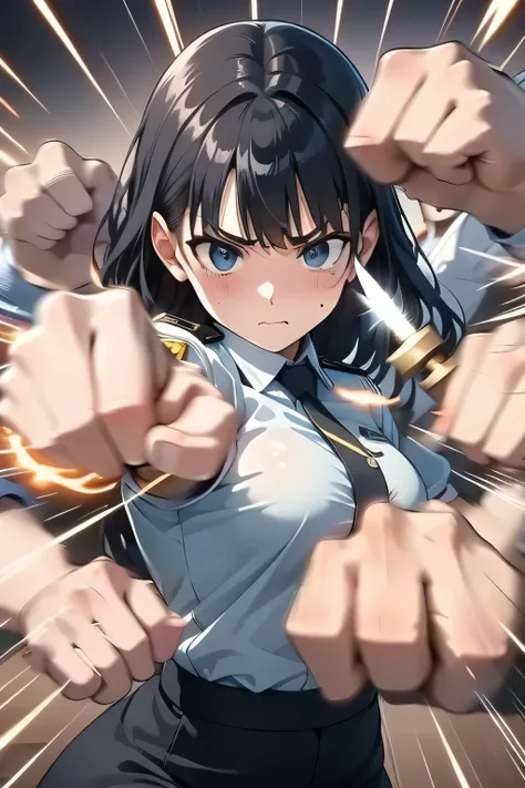 (  manga  、anime)、Woman punches a molester、Molester of an ugly man、on the train、policewoman、policewomanの帽子、Take a picture with your smartphone、punches a man in the face、(knife)、 point the knife at the woman 、 the viewer holds the knife 、 clothes can be tor...