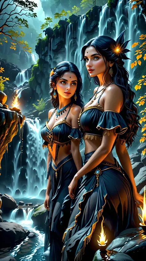 Dynamic photo of two very sexy, gorgeous, beautiful girl(aiswarya rai) talking with a witch, near a waterfall, at dark night, realistic cinematic style, 4k ultra HD quality in 3D