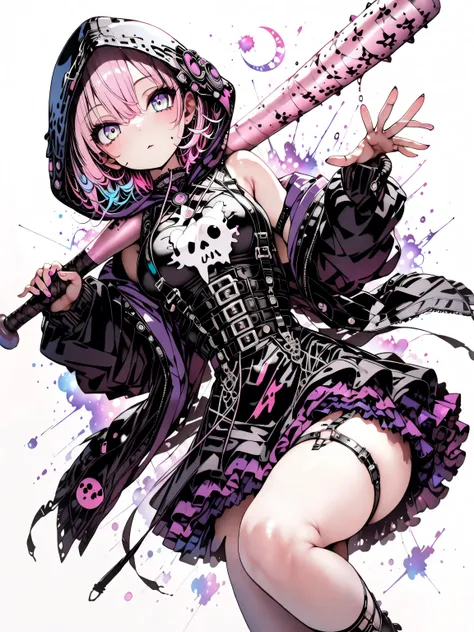 1 girl, violet eyes, light pink hair, short hair, cool, beautiful, medium breast, very cute, lovely, kawaii, black and violet mini dress, black and violet mini dress with frills, emotionless facial expression, black oversize gothic jacket with hood, hood o...