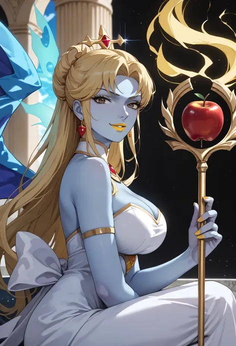 woman, big breasts, anime style, yellow lipstick, blue skin, blonde hair, greek tunic, cleavage, sitting on a throne, greek temple, looking at the viewer, arrogant smile, evil, evil look, holding a trident, focus on the character, flying hair, divine energ...