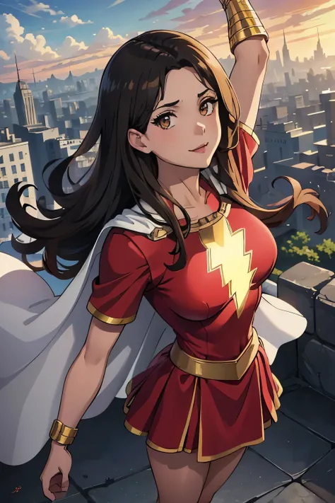 best quality,masterpiece,looking at viewer,absurdres,1girl,score_9,score_8_up,score_7_up,source_anime BREAK   mary marvel, white cape, red dress, red skirt, short sleeves, bracer, large breasts, smile, looking at viewer, blue sky, clouds, cityscape, (flyin...