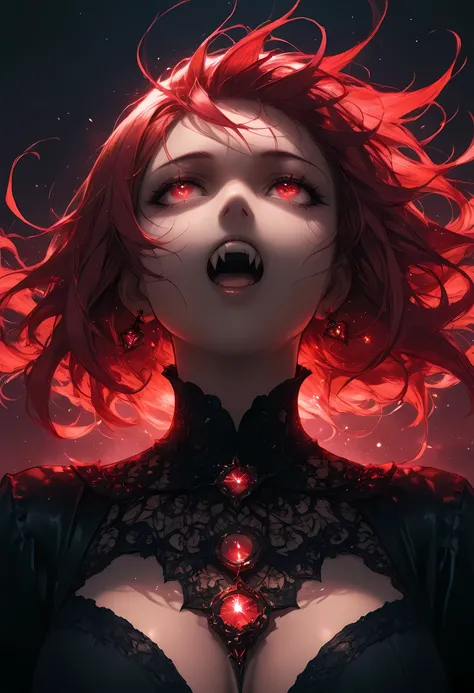 a portrait of a young female vampire looking up into the infinite stars in the night sky the stars are reflected in her eyes, a beautiful mature female vampire, dynamic hair color, dynamic skin complexion, wearing dynamic dress, looking into the stars, the...