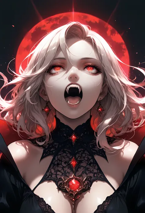 a portrait of a young female vampire looking up into the infinite stars in the night sky the stars are reflected in her eyes, a beautiful mature female vampire, dynamic hair color, dynamic skin complexion, wearing dynamic dress, looking into the stars, the...