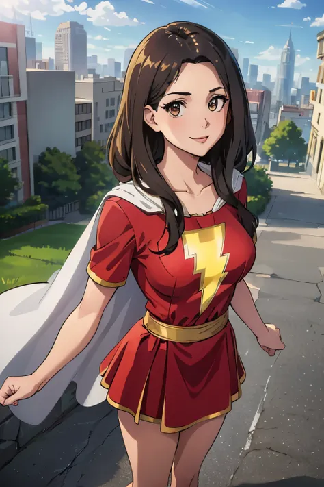 best quality,masterpiece,looking at viewer,absurdres,1girl,score_9,score_8_up,score_7_up,source_anime BREAK   mary marvel, white cape, red dress, red skirt, short sleeves, bracer, large breasts, smile, looking at viewer, blue sky, clouds, cityscape, (flyin...