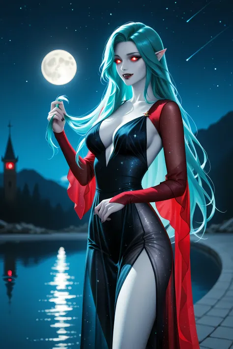 a picture of an epic beautiful female vampire, ghostly beauty, wearing transluminescent dress, black silk dress, intricate dress, transluminescent dress, transparent dress, red sleeves, epic beautiful female vampire, pale skin perfect body, ghostly beaut...
