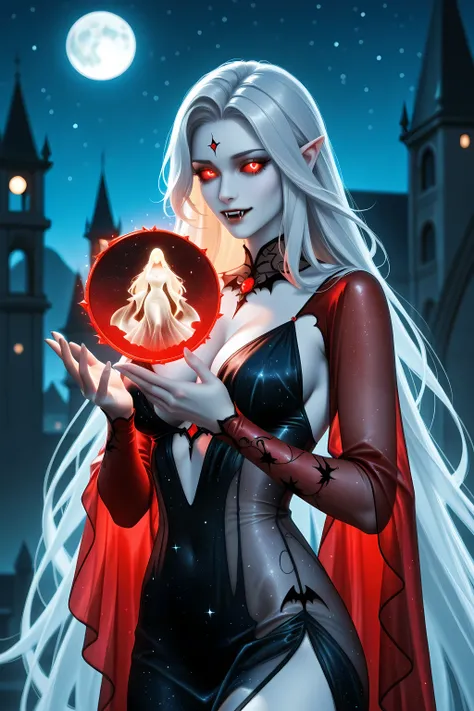 a picture of an epic beautiful female vampire, ghostly beauty, wearing transluminescent dress, black silk dress, intricate dress, transluminescent dress, transparent dress, red sleeves, epic beautiful female vampire, pale skin perfect body, ghostly beaut...