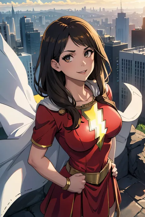 best quality,masterpiece,looking at viewer,absurdres,1girl,score_9,score_8_up,score_7_up,source_anime BREAK   mary marvel, white cape, red dress, red skirt, short sleeves, bracer, large breasts, smile, looking at viewer, blue sky, clouds, cityscape, (flyin...