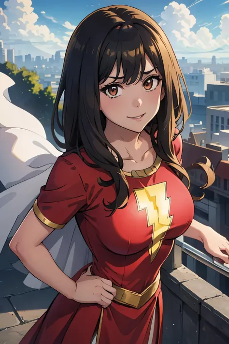best quality,masterpiece,looking at viewer,absurdres,1girl,score_9,score_8_up,score_7_up,source_anime BREAK   mary marvel, white cape, red dress, red skirt, short sleeves, bracer, large breasts, smile, looking at viewer, blue sky, clouds, cityscape, (flyin...