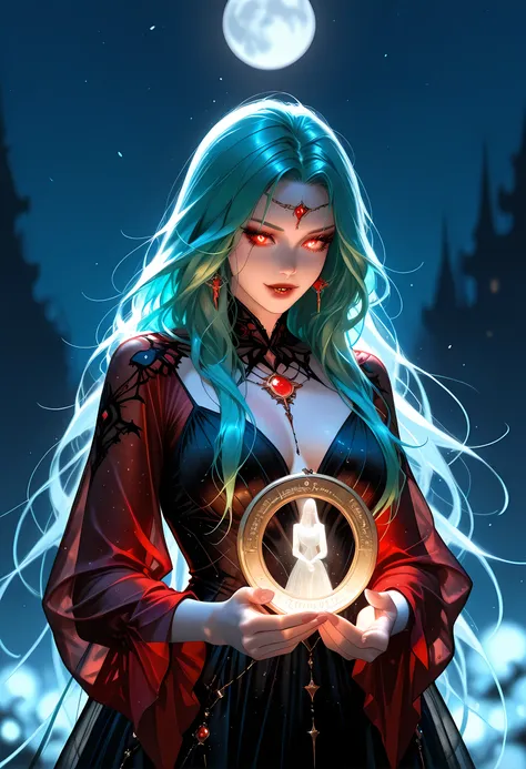 a picture of an epic beautiful female vampire, ghostly beauty,  wearing transluminescent dress, black silk dress, intricate dress, transluminescent dress, transparent dress, red sleeves, epic beautiful female vampire, pale skin perfect body,  ghostly beaut...