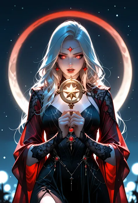 a picture of an epic beautiful female vampire, ghostly beauty, wearing transluminescent dress, black silk dress, intricate dress, transluminescent dress, transparent dress, red sleeves, epic beautiful female vampire, pale skin perfect body, ghostly beaut...