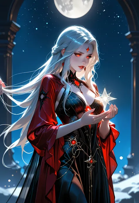 a picture of an epic beautiful female vampire, ghostly beauty, wearing transluminescent dress, black silk dress, intricate dress, transluminescent dress, transparent dress, red sleeves, epic beautiful female vampire, pale skin perfect body, ghostly beaut...