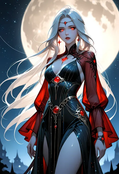a picture of an epic beautiful female vampire, ghostly beauty,  wearing transluminescent dress, black silk dress, intricate dress, transluminescent dress, transparent dress, red sleeves, epic beautiful female vampire, pale skin perfect body,  ghostly beaut...