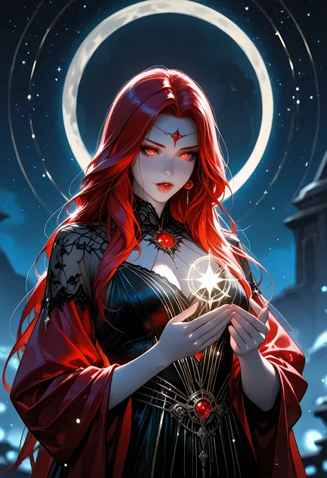 a picture of an epic beautiful female vampire, ghostly beauty, wearing transluminescent dress, black silk dress, intricate dress, transluminescent dress, transparent dress, red sleeves, epic beautiful female vampire, pale skin perfect body, ghostly beaut...