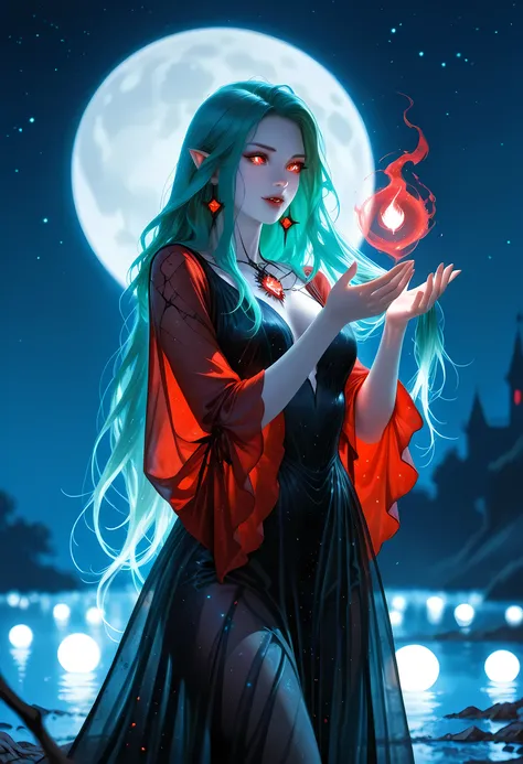 a picture of an epic beautiful female vampire, ghostly beauty, wearing transluminescent dress, black silk dress, intricate dress, transluminescent dress, transparent dress, red sleeves, epic beautiful female vampire, pale skin perfect body, ghostly beaut...