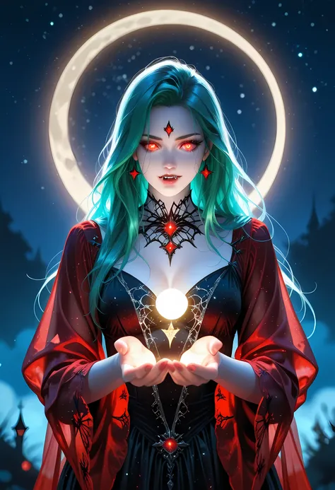 a picture of an epic beautiful female vampire, ghostly beauty, wearing transluminescent dress, black silk dress, intricate dress, transluminescent dress, transparent dress, red sleeves, epic beautiful female vampire, pale skin perfect body, ghostly beaut...