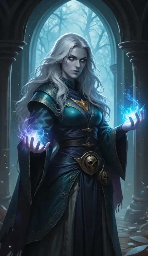 Changeling, Sorceress, Dungeons & Dragons world, mid-transformation between two identities, face is shifting, half is ethereal and elegant, sharp cheekbones, silver eyes, other half is more mysterious shadowy ever-changing, robes laced with illusionary pat...