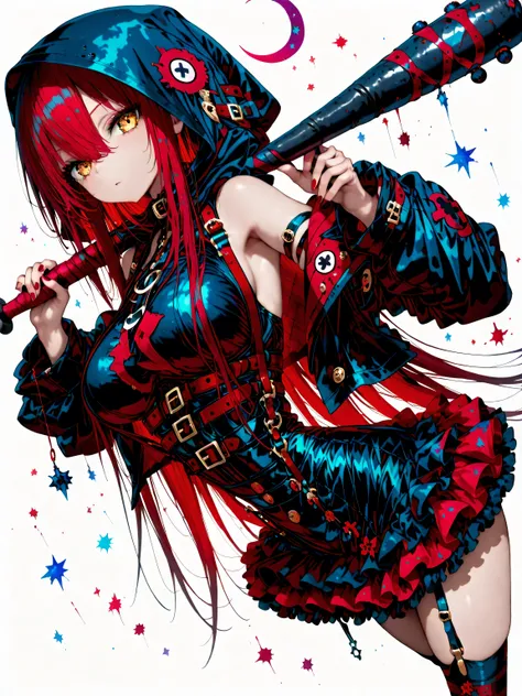 1 girl , golden eyes , very long hair , long sidelocks, red hair ,half updo, petite , very cute , beautiful ,Straight hair, cool, handsome, hair between eyes, sexy, female, medium large breasts, very cute, black and red gothic mini dress, black and red min...