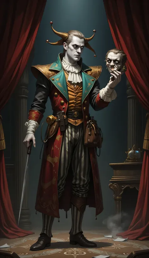 Сhangeling, theatrical actor, male, standing alone, old ornate stage, lit by a single spotlight, pale grey skin, face is mid-shift, half showing the features of a young tragic hero with delicate features and teary eyes, the other half a grinning old villai...
