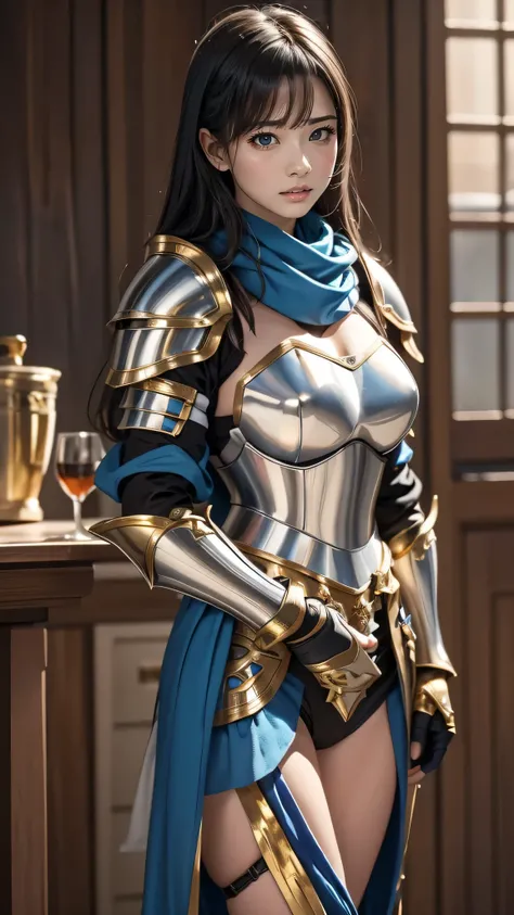 masterpiece, is ridiculous, Fine section, high res,highly detailed armor with gold plating, shiny armor, Photorealistic,PLD_armor, a female knight in armor, wearing PLD_armor, blue scarf
