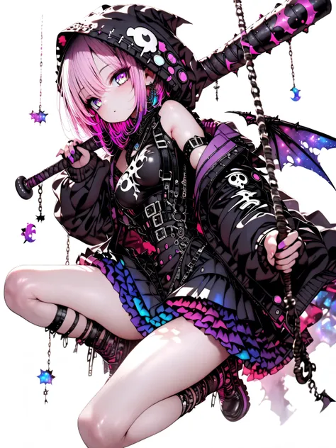 1 girl, violet eyes, light pink hair, short hair, cool, beautiful, petite, medium breast, very cute, lovely, kawaii, black and violet mini dress, black and violet mini dress with frills, emotionless facial expression, black oversize gothic jacket with hood...