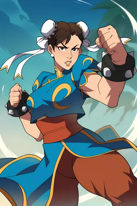 score_9, score_8_up, score_7_up,street_fighter chun-li 1girl brown_eyes brown_hair chinese_clothes clenched_hand double_bun fighting_stance hair_bun looking_at_viewer medium_hair sash solo