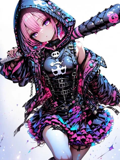 1 girl, violet eyes, light pink hair, short hair, cool, beautiful, petite, medium breast, very cute, lovely, kawaii, black and violet mini dress, black and violet mini dress with frills, emotionless facial expression, black oversize gothic jacket with hood...