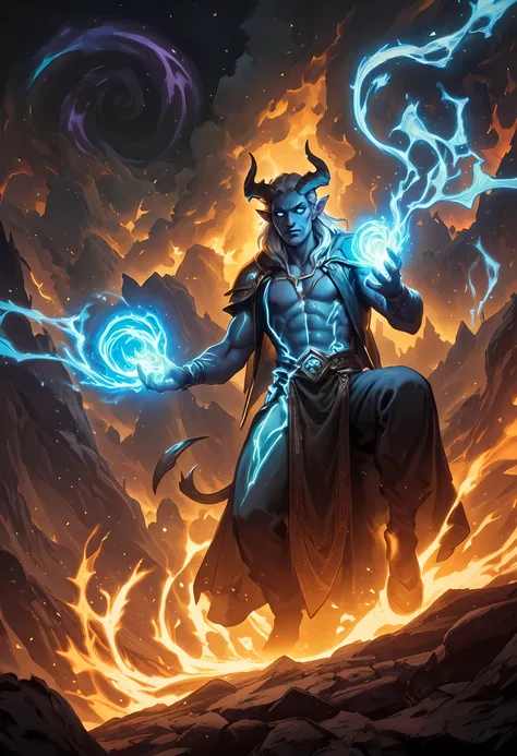 a satyr casing two magical rays in a hell, satyr sorcerer, epic fantasy character art, high quality fantasy art, epic fantasy digital art style, fantasy character art, male satyr, silver hair, silver eyes, wearing half open shirt, fantasy sorcerer, firing ...