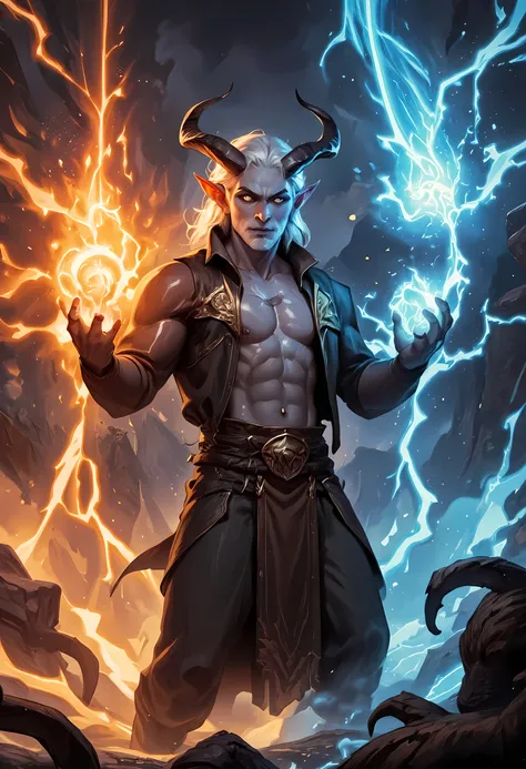 a satyr casing two magical rays in a hell, satyr sorcerer, epic fantasy character art, high quality fantasy art, epic fantasy digital art style, fantasy character art, male satyr, silver hair, silver eyes, wearing half open shirt, fantasy sorcerer, firing ...