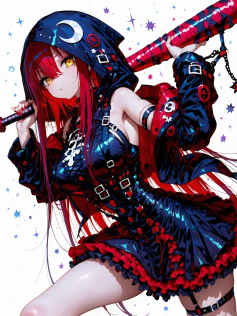 1 girl , golden eyes , very long hair , long sidelocks, red hair ,half updo, petite , very cute , beautiful ,Straight hair, cool, handsome, hair between eyes, sexy, female, medium large breasts, very cute, black and red gothic mini dress, black and red min...