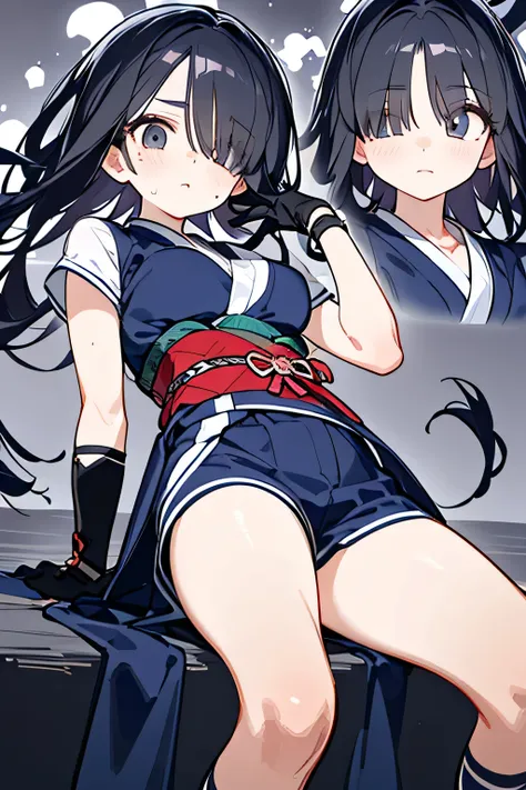 NINJA WIND,((One Eye Concealed Hair)),Mysterious Atmosphere, natural body,long gloves,(Short sleeve+Kimono style+shorts=The dark blue Kunoichi costume)long socks,detailed clothes,(slender figure,marshmallow breasts ,),beautiful black hair,well-groomed face...