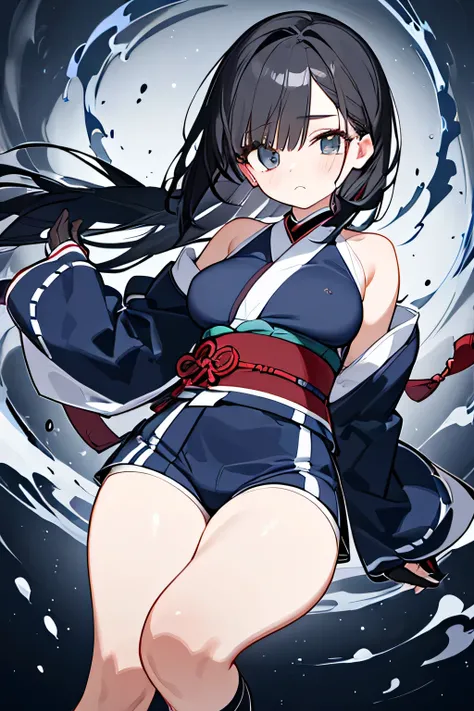 NINJA WIND,((One Eye Concealed Hair)),Mysterious Atmosphere, natural body,long gloves,(Shoulder-length sleeves+Kimono style+shorts=The dark blue Kunoichi costume)long socks,detailed clothes,(slender figure,marshmallow breasts ,),beautiful black hair,well-g...