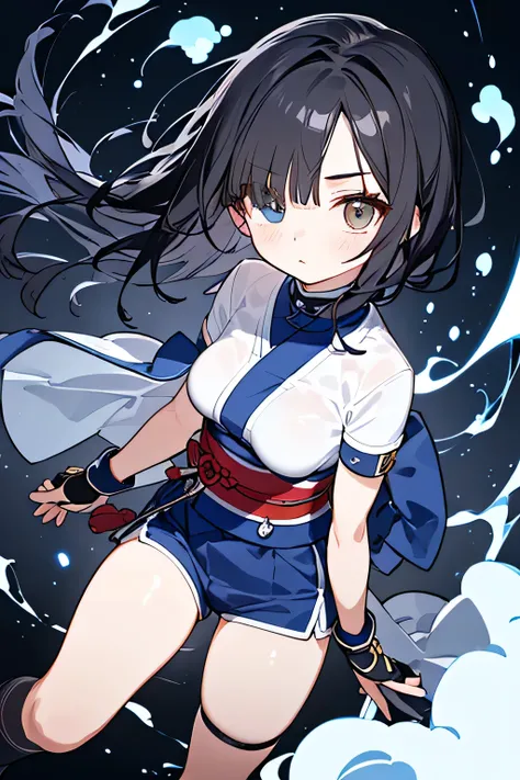 NINJA WIND,((One Eye Concealed Hair)),Mysterious Atmosphere, natural body,long gloves,(Short sleeve+Kimono style+shorts=The dark blue Kunoichi costume)knee-length socks,detailed clothes,(slender figure,marshmallow breasts ,),beautiful black hair,well-groom...