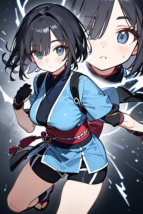 NINJA WIND,((One Eye Concealed Hair)),Mysterious Atmosphere, natural body,long gloves,( mesh short sleeve+Kimono style+shorts=The dark blue Kunoichi costume)knee-length socks,detailed clothes,(slender figure,marshmallow breasts ,),beautiful black hair,well...